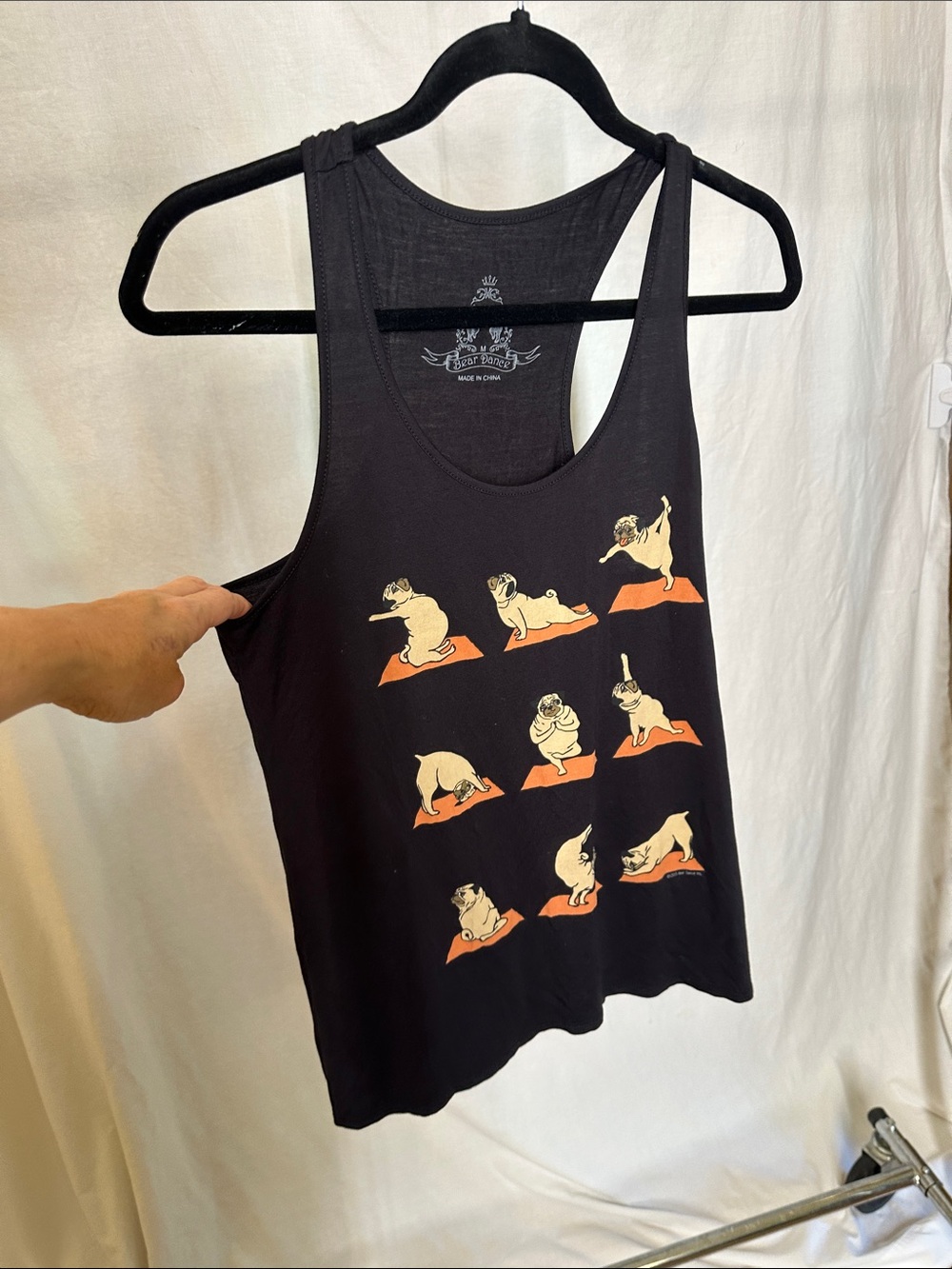 Bear Dance Black Tank with Cream Pug Yoga Prints on Orange Mats